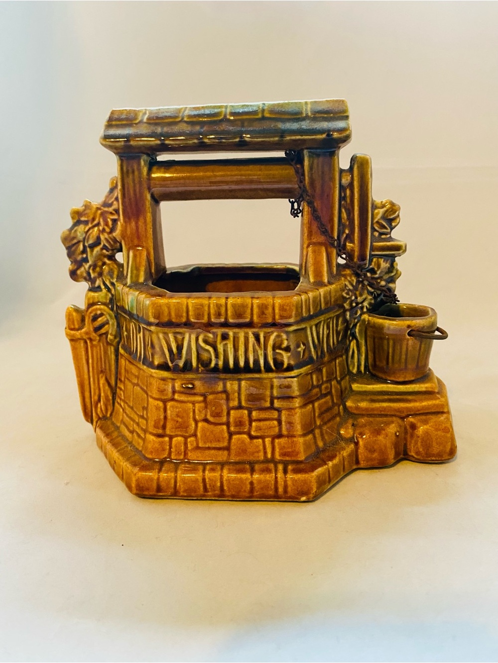 Vintage McCoy Ceramic Wishing Well Planter with Bucket and Chain